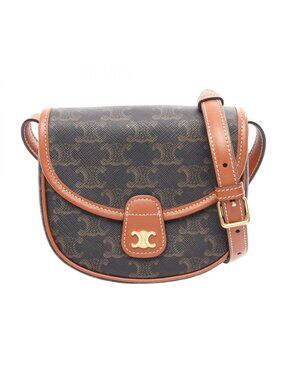 Celine Shoulder Bag Triomphe Mini Besace Black Brown Canvas Leather